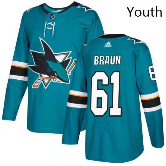 Youth Adidas San Jose Sharks 61 Justin Braun Authentic Teal Green Home NHL Jersey